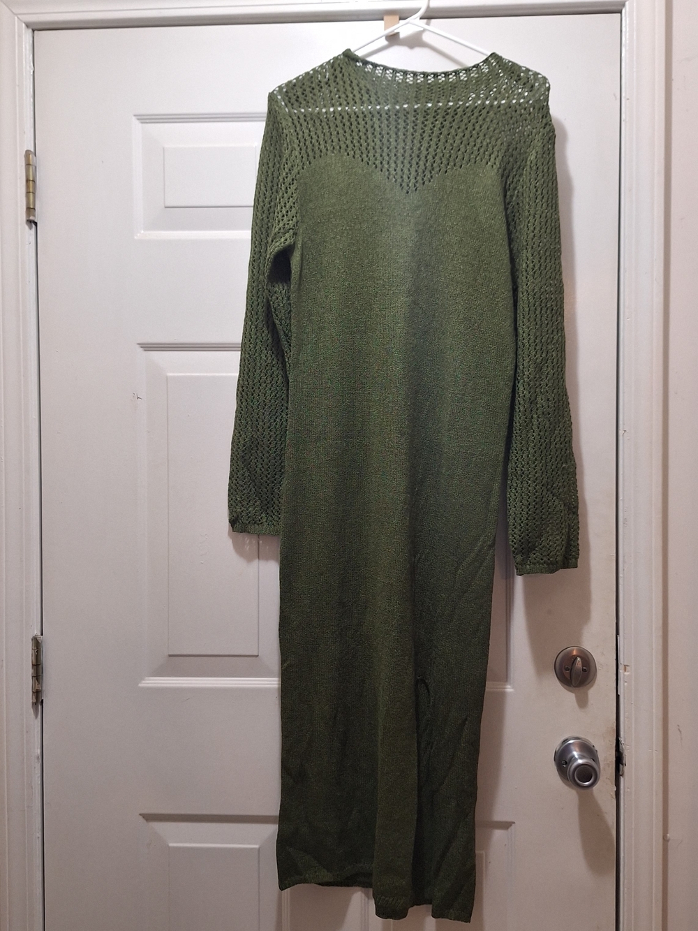 Almost Famous Olive Green Open-Knit Long Sleeve Midi Dress